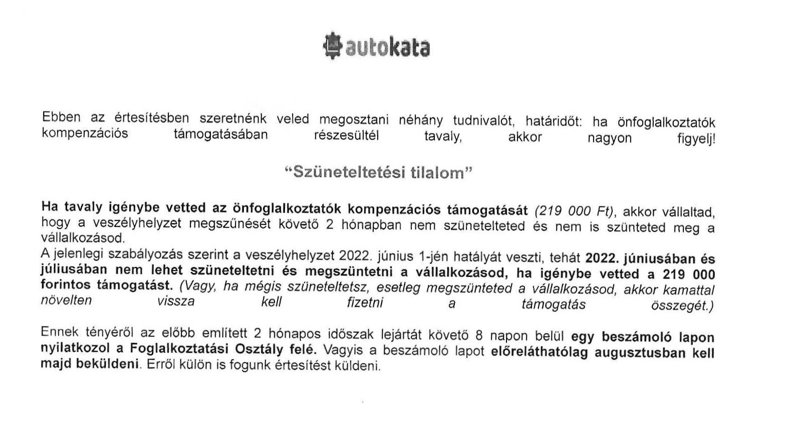 szuneteltetesi tilalom autokata